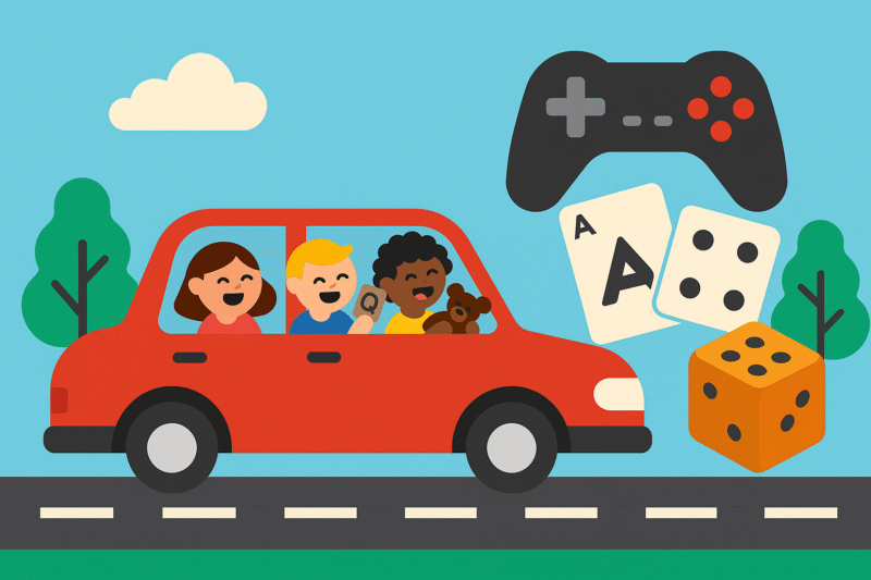Flat design illustration of a red family car driving along a road with happy children in the back seat, representing fun car journeys with kids
