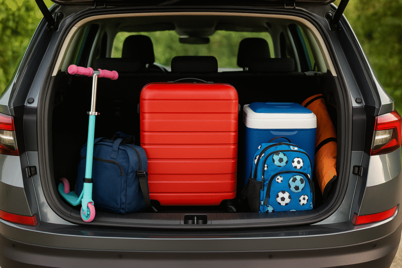 Open boot of a modern SUV packed with family items, including a red suitcase, blue cooler, sports-themed backpack, duffel bag, and a child's scooter, ready for a trip