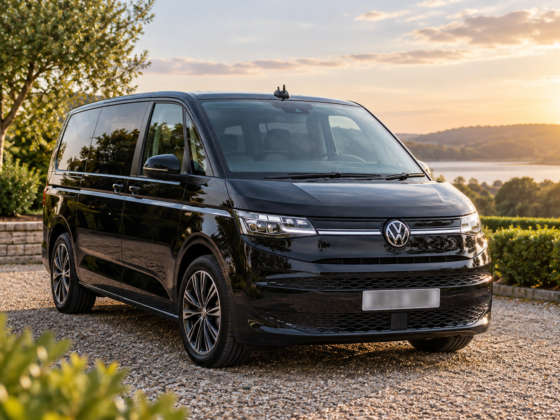 front angled view of a black Volkswagen Multivan